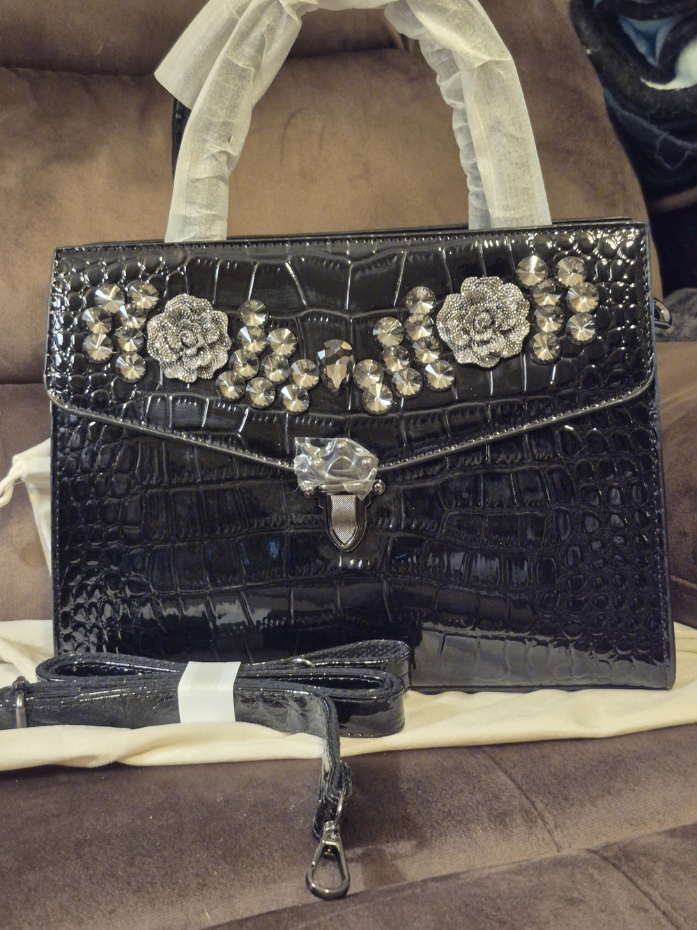 Crystal-Embellished Sparkling Rose Black Faux-Croc Crossbody